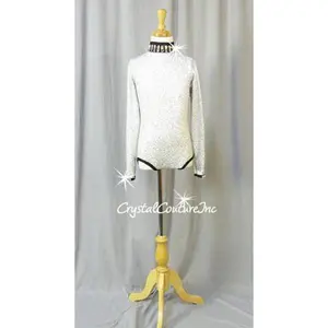 White/Silver Zsa Zsa Long Sleeve Leotard with Black Trim-  Swarovski Rhinestones