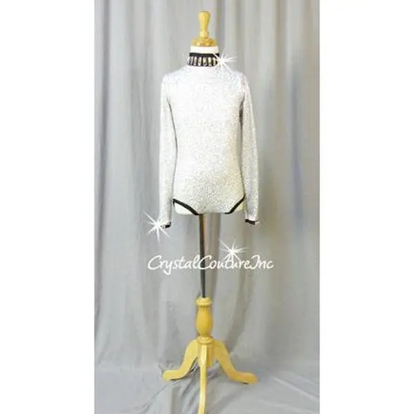 White/Silver Zsa Zsa Long Sleeve Leotard with Black Trim-  Swarovski Rhinestones