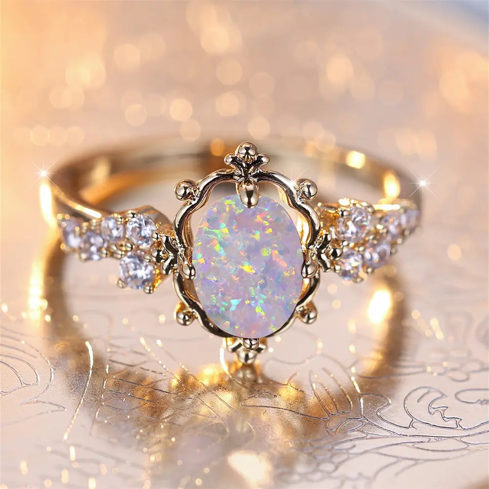 FASHION - White Fire Opal Oval Stone Flower Rings For Women Vintage Gold Color Bridal Wedding Ring Birthstone Jewelry Engagement Band Gift