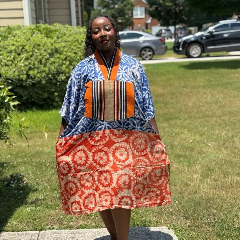 Short Mix Adire Bubu Dress - Below Knee Length 100% Cotton Aso Oke Fabric with Side Pockets Free Size Style Casual Womenswear