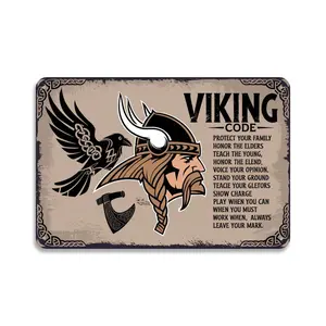 Viking Code Raven Norse Warrior Metal Tin Sign， Vintage Norse Mythology Metal Sign Print Aesthetic Room Decoration for Home Bedroom Kitchen Dorm Bathroom Wall Decor 8 X 12， Easy to Hang