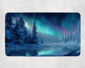 Aurora Borealis Winter Mat Snowy Forest & Frozen River MTG Mat Northern Lights Magic the Gathering Playmat for Card Games & Gifts 24" x 14" Smooth Cloth Fabric Cushioned Neoprene Rubber