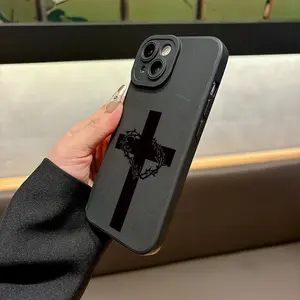 Phone Case: Black Cross and Crown of Thorns Frosted Phone Case Skin Friendly Feel Lens Full Coverage Drop Protection Suitable for IPhone17 11 12 13 14 15 16 Pro Max Air Plus Great Gift Pick