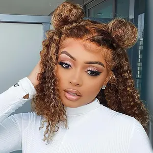 Highlight Ombre Bob Wig Human Hair 13x6 Deep Curly Wave Lace Frontal 4/27 Colored, 200 Density Short Wigs for Women Pre Plucked with  Hair  Hairline (14 Inch)