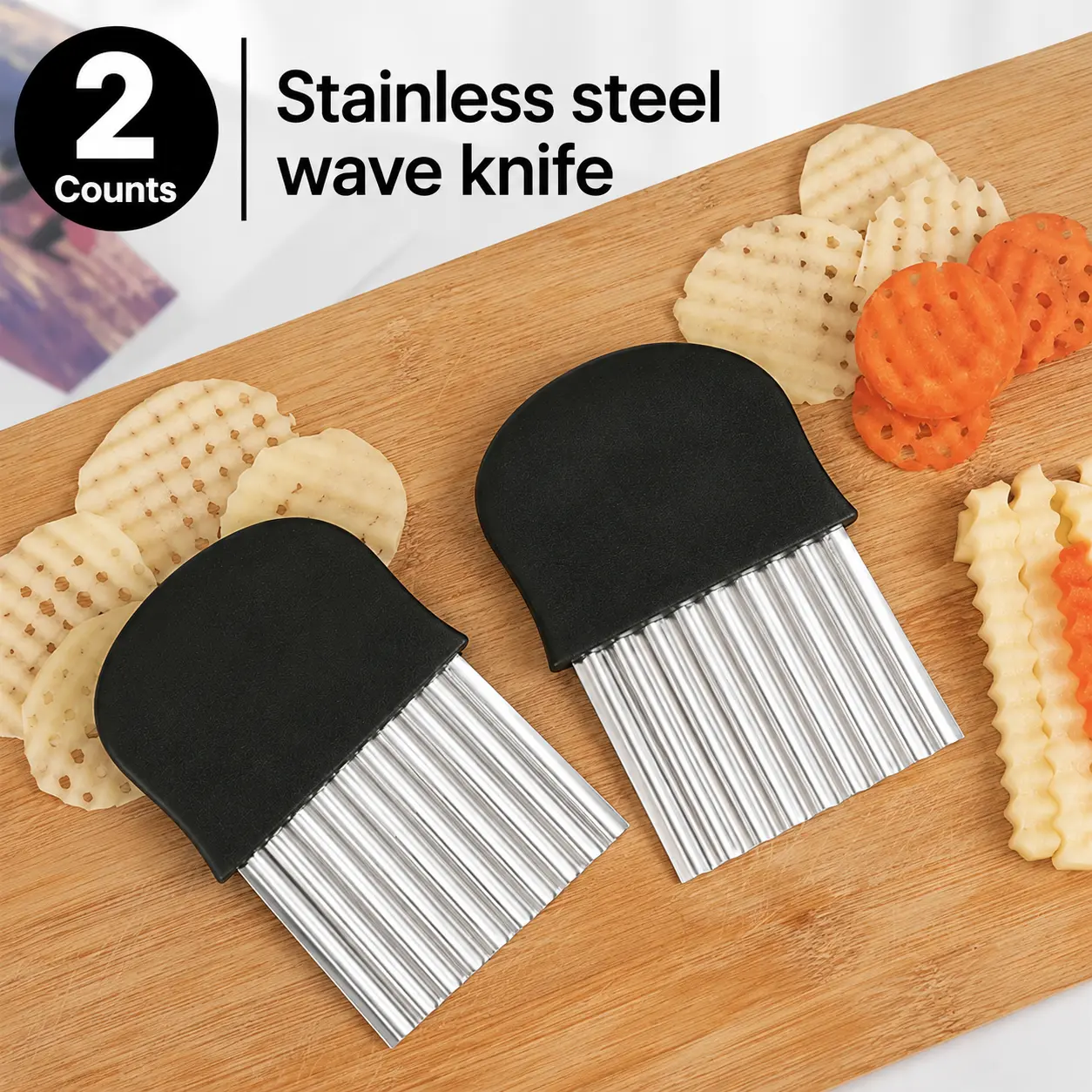 2-Pack Stainless Steel Crinkle Cutter Set, Lightweight Kitchen Utensil with Soft Silicone Non-Slip Ergonomic Handle, Wavy Blade for Potato Chips, Home Cooking & Western Roast Meals, Utensils, Two Pieces