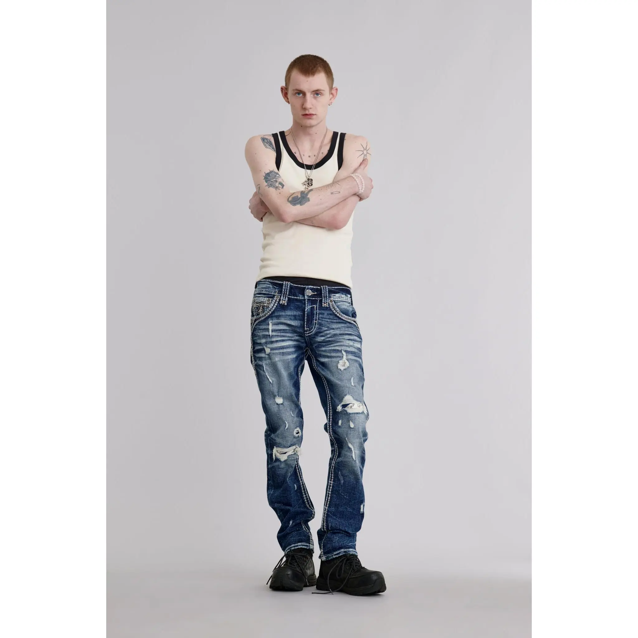 Rock Revival Merritt Menswear Straight Stretch Denim Jeans - Men's Bottoms with Embroidery Detailing, Leather Accents, Streetwear Style, Straight-Leg, Decorated, Straight-Leg Men's Jeans, Decorated Men's Jeans