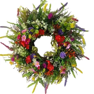 Spring Summer Wildflower Wreath, Front Door Dried Floral Wreath with Buttercup & Greenery, Preserved Forever Flower Decor