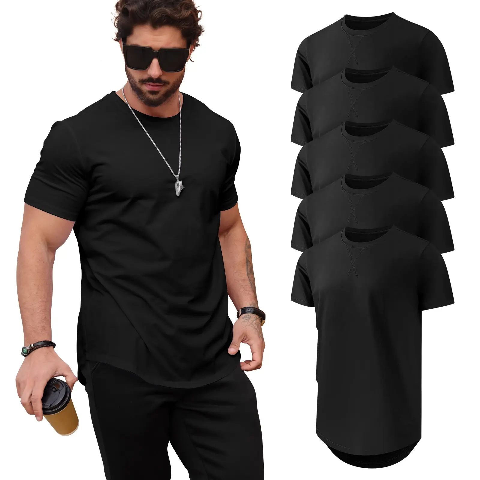 Men's 5 Pack Cotton Hipster Hip Hop Longline Crewneck T-Shirt, Short Sleeve Gym Workout Athletic T Shirts for Men,back to school,back to school shopping