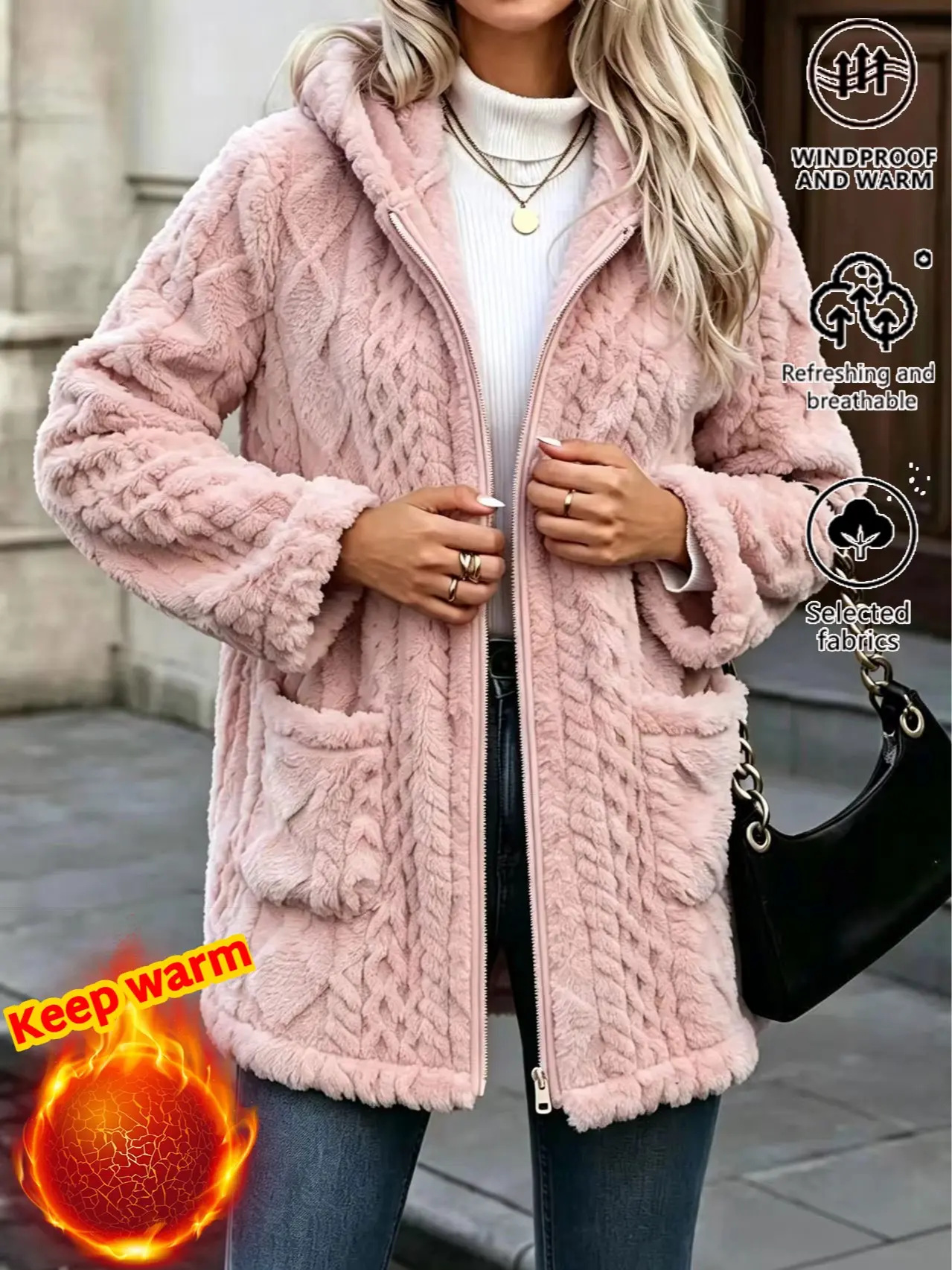 Clean Gent women’s autumn/winter warm, fashionable hooded woven zip-up loose cardigan; knitted long-sleeve fitted outerwear top with a casual solid-color design, suitable for everyday wear, campus, casual gatherings, and women’s apparel.