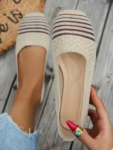 Women's Elegant Flat Round Toe Knit Shoes, Comfortable Walking Sneakers with Striped Design, All-Season Textile Upper