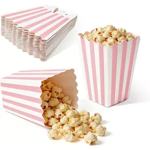 32 Pack Pink Popcorn Boxes, 4.6" x 2.7" Small Paper Popcorn Containers, Pink and White Striped Popcorn Buckets for Movie Night, Cinema, Party, Birthday