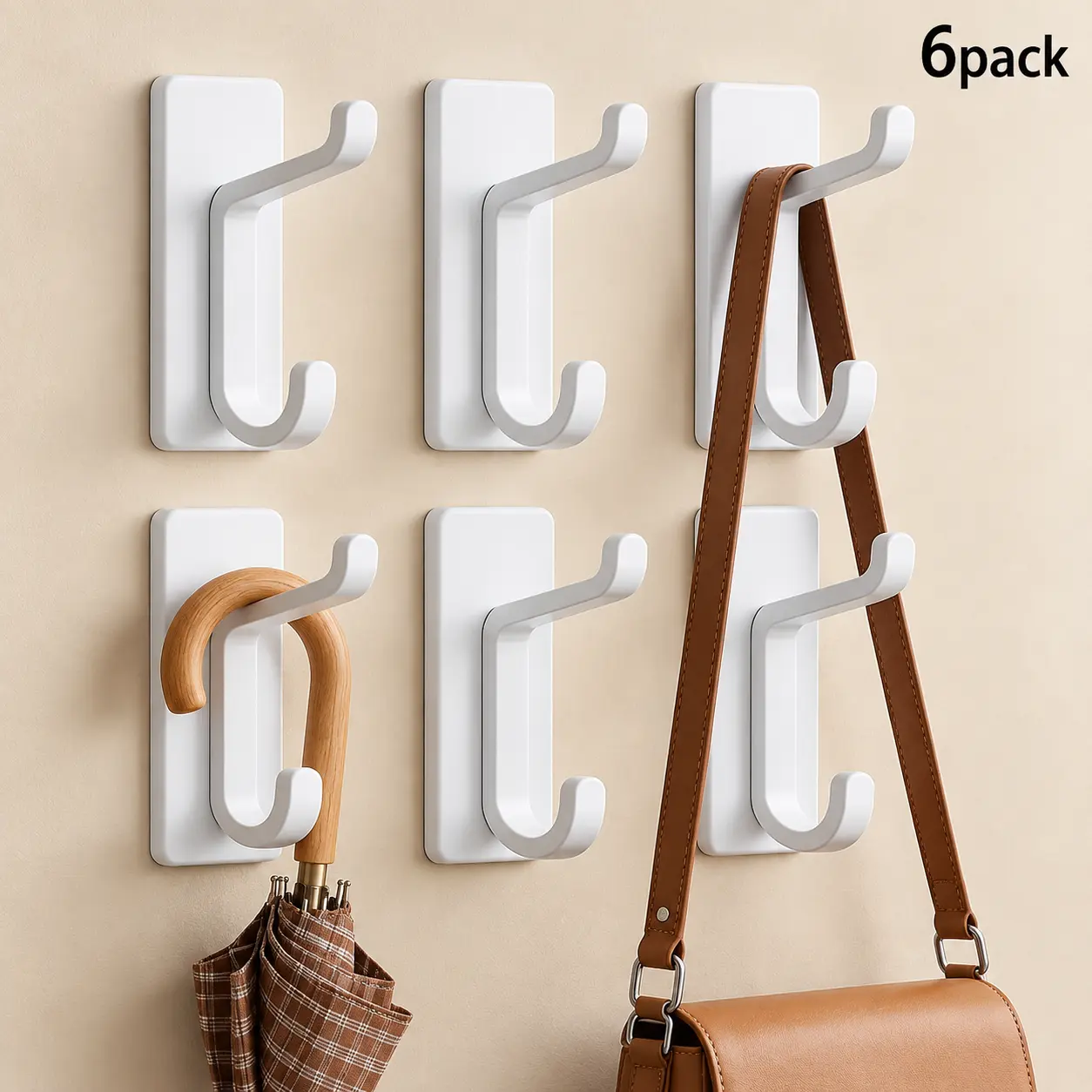 Self Adehesive Coat Hooks Heavy Duty Hooks Wall Mount Stainless Black 6Pcs Double Hook Design, No Drill Hooks for Hanging, Hooks for Walls No Damage