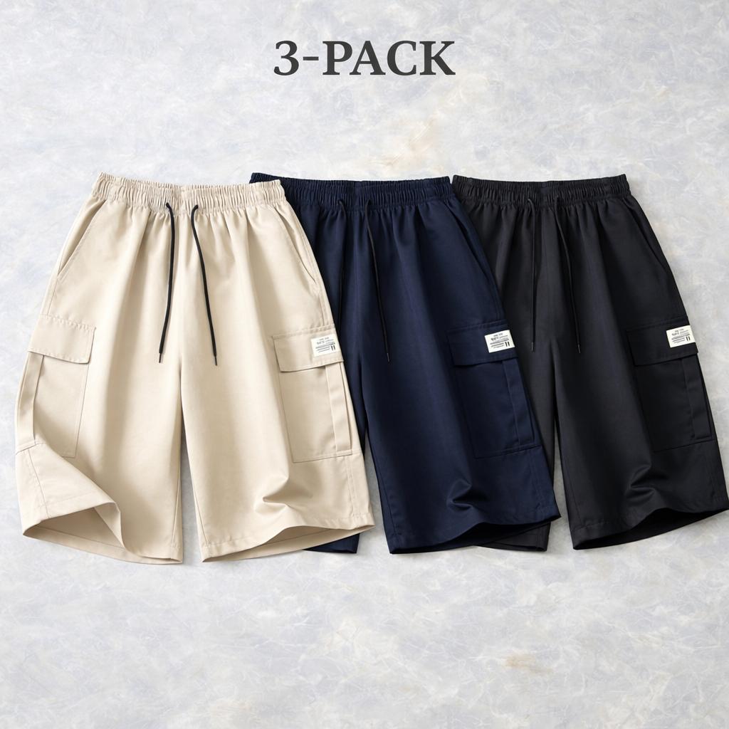 5-pack men’s cargo shorts for summer—loose fit with elastic waistband and drawstring, large side pockets and patch details, windproof breathable fabric, made from wear-resistant material; ideal for casual summer outdoor wear and a wardrobe essential for s