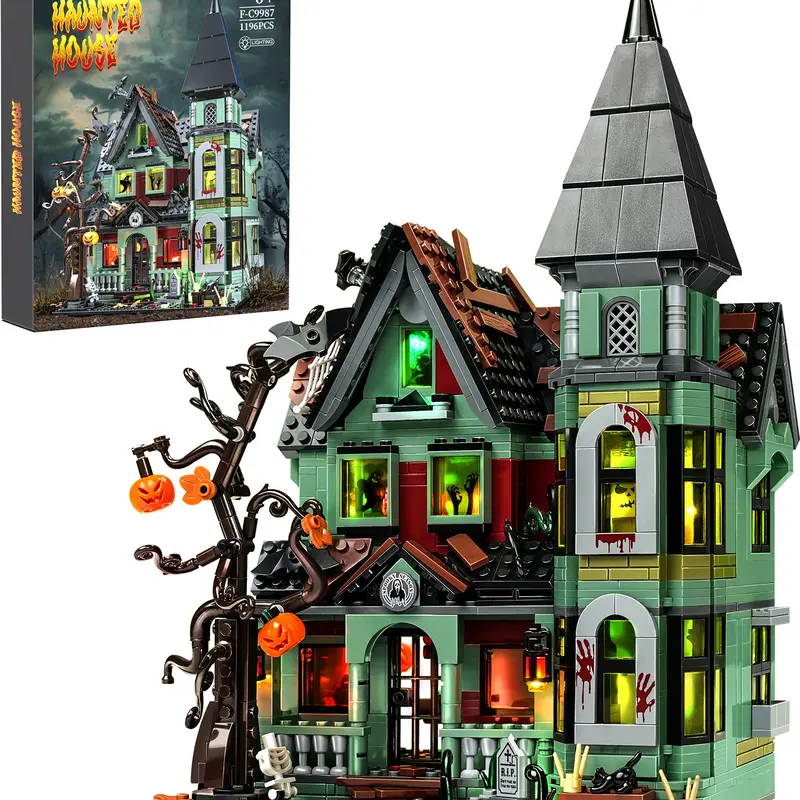 Haunted House Building Blocks Set with LED Light (1196 pcs) – Premium Halloween Construction Toy for Kids & Adults, Perfect Gift for Horror Fans, Haunted Displays & Seasonal Decor
