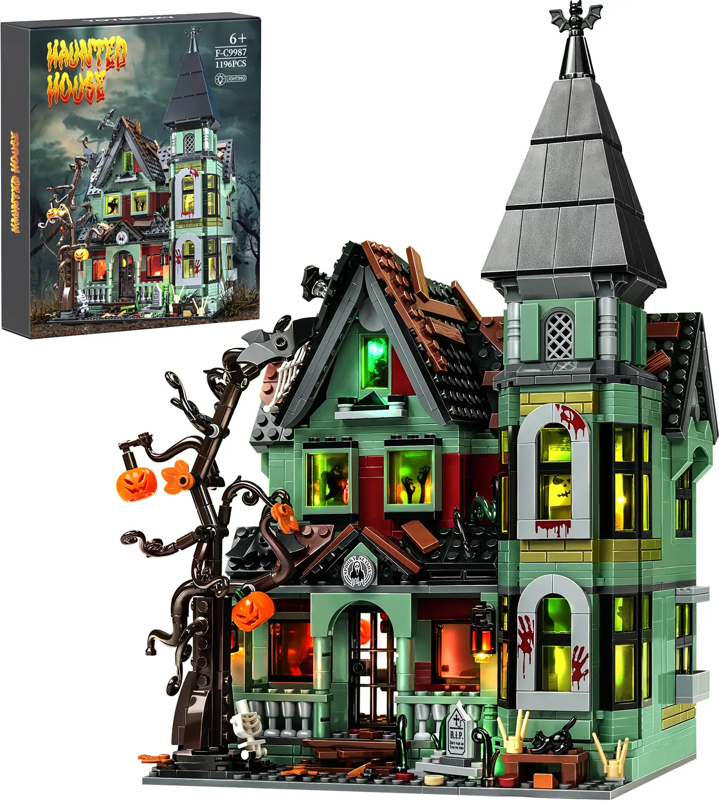 Haunted House Building Blocks Set with LED Light (1196 pcs) – Premium Halloween Construction Toy for Kids & Adults, Perfect Gift for Horror Fans, Haun