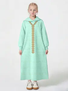 Fresh Mint Girls Hooded Long Dress, Polka Dot Ethnic Style Robe, Muslim Children Casual Abaya, All Seasons
