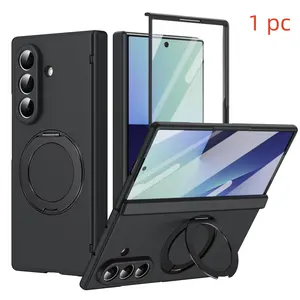 Premium Feel Phone Case for Samsung Galaxy Z Fold7/6/5, Includes Tempered Glass, 360° Rotating Stand, Wireless Charging Support, Anti-Slip