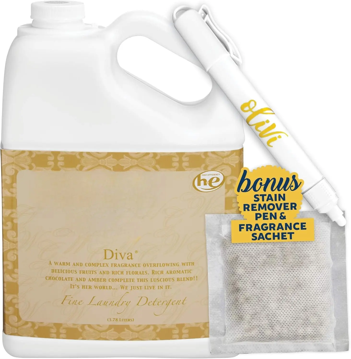 Tyler DIVA  Laundry Detergent - 1 Gallon - With Olivi Stain Remover Pen - Fresh Scented Sachet - Laundry Detergent For ing