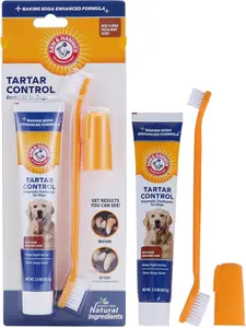Arm & Hammer for Pets Tartar Control Kit for Dogs | Contains Toothpaste, Toothbrush & Fingerbrush | Reduces Plaque & Tartar Buildup | Safe for Puppies, 3-Piece , Beef Flavor