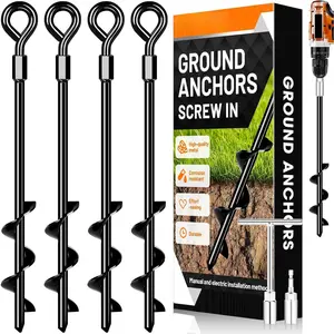 Ground Anchors Screw in Trampoline Anchors Heavy Duty Ground Anchors,Tent Stakes for Camping Tent, Trampoline, Canopies, Carports, Sheds, Swing Sets, Black Anti-Rust Coating for High Wind (4 X 14)
