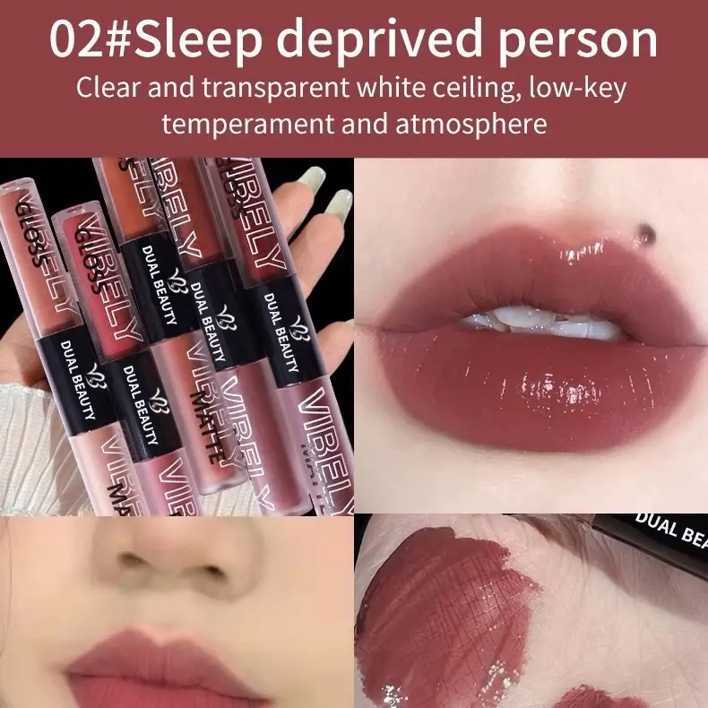 VIBELY Transfer-Proof Dual-Ended Glossy Lip Glaze - Long-Lasting, Non-Fading, Velvet Matte, Whitening Lip Mud with Film-Forming Technology - Lipgloss, Lipstick Makeup Cosmetic