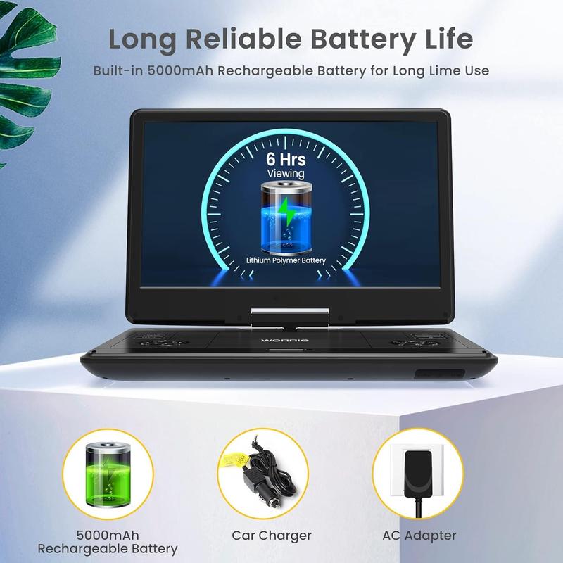 16.5" Portable DVD Player with 14.1" Large  Swivel Screen, 6 Hours Rechargeable , DVD Player Portable Support MP4, MKV Video & USB/SD Card/Sync TV, High Volume Speaker,  Regions