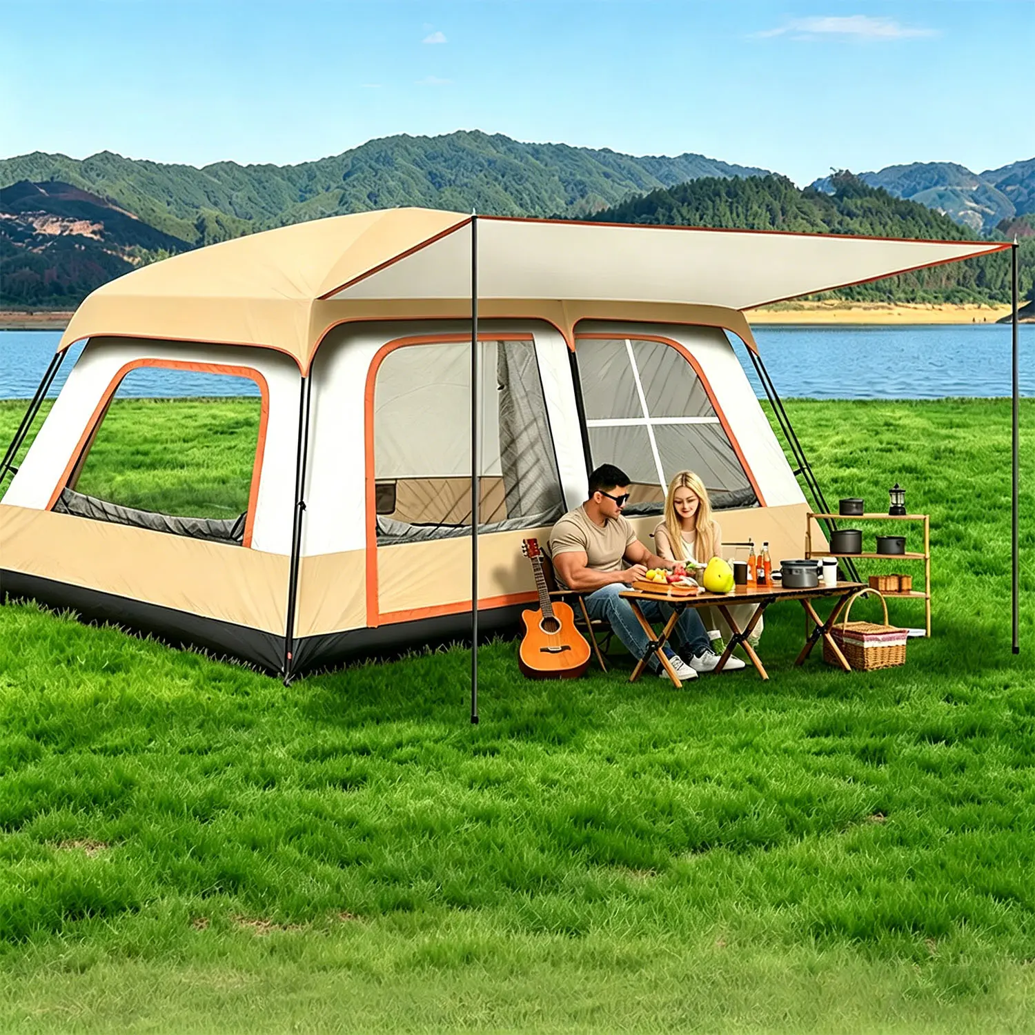 Extra Large Tent 10-12-14 Person Family Cabin Tents 2 Rooms 3 Doors 3 Windows Mesh Straight Wall Waterproof Double Layer Big Tent for Outdoor Picnic Camping Family Gathering