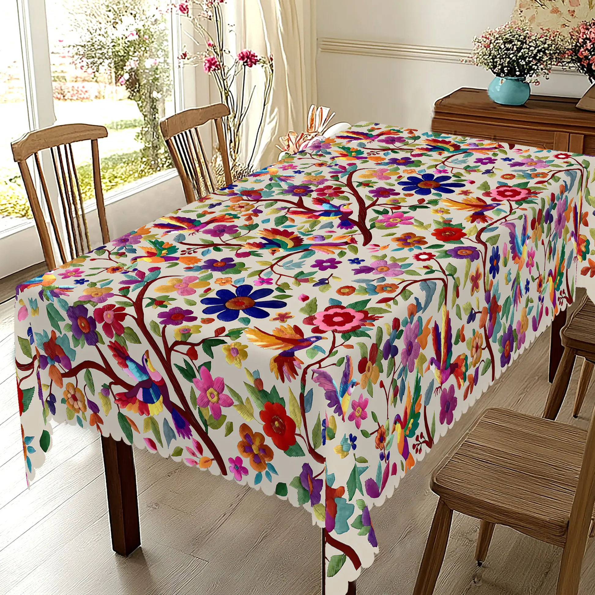XEXSIN Mexican Style Floral Printed Tablecloth - Rectangle/Round Table Cover, Holiday Party Supply, Home Outdoor Decor Gift for Girls