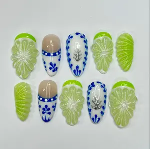 Free Style Summer Fruit Almond Press On Nails, Handmade Fake Nails Nails, Unique Nails for Birthday Event Photograph Holiday Birthday Satamiis