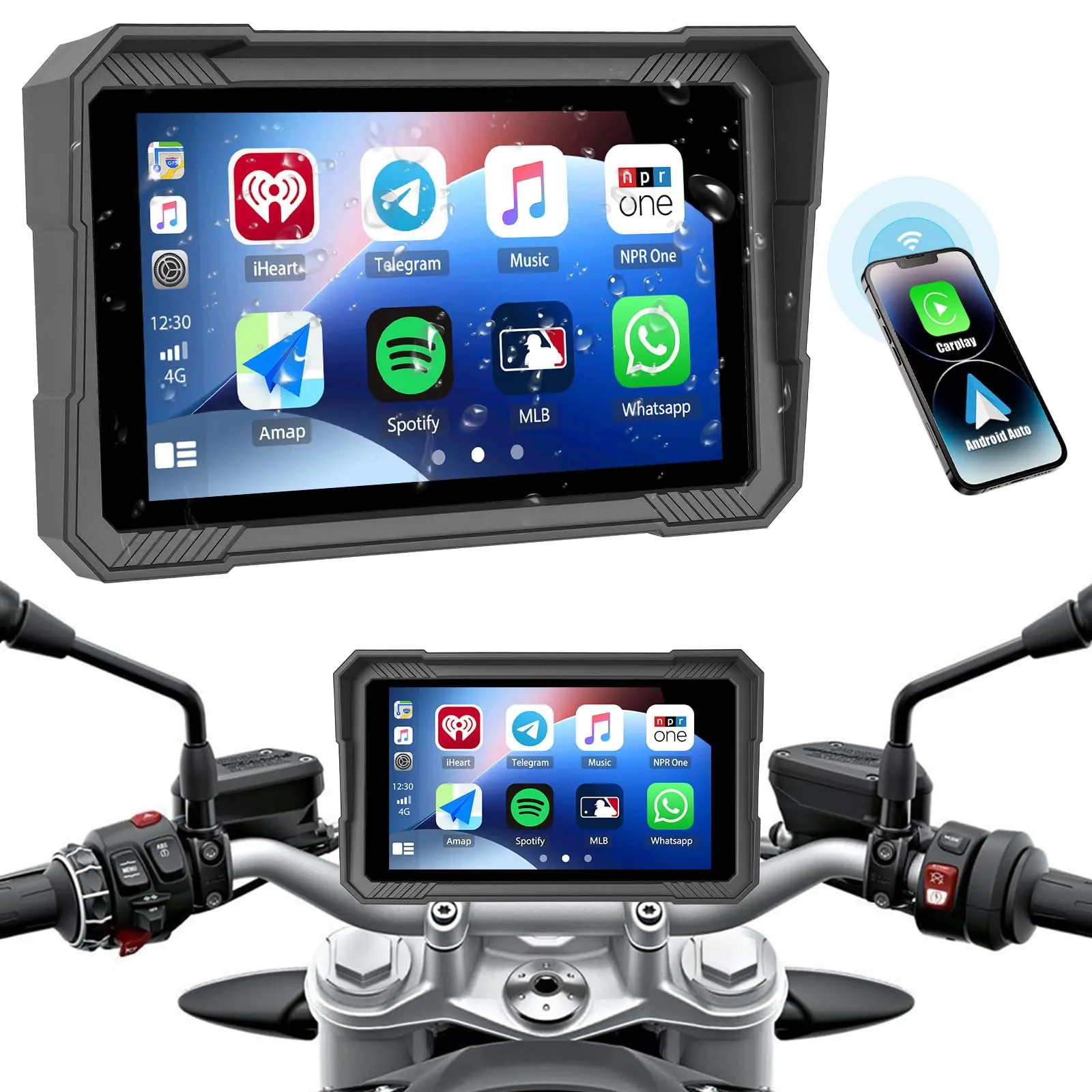 5-Inch Motorcycle HD Touchscreen Navigation System, Wireless CarPlay & Android Auto, Bluetooth, IP67 Waterproof, 12V, Easy to Install/Detach, High Performance Chip for All Motorcycles