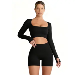 Women's Workout Set - 2 Pieces Long Sleeve Top & High Waist Scrunch Butt Shorts for Gym & Yoga Outfits