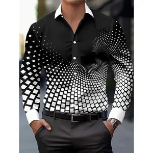 Men's Stylish Black & White Geometric Print Button-Up Shirt - Breathable Long Sleeve Casual Dress Shirt for Spring/Fall, Polyester Fabric, Eye-Catching Design, Autumn Fashion Top |     Modern Casual Shirt |     Smooth Texture Shirt233