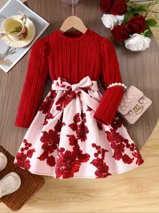 Girls' Fall Winter New Fleece Knit Long Sleeve Patchwork Floral Print Dress Knitted Dress, Soft and Cozy Clothing