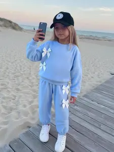 2pcs Girls' Small Bow Long Sleeve Set - Soft Breathable Fabric, Long Sleeves, Cute Casual Outfit for Outdoor Activities, Sizes 90-130, Blue