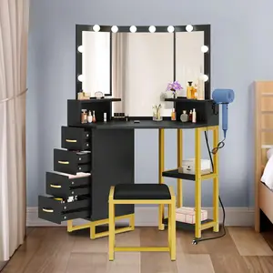 Vanity Desk With Lighted Mirror, Corner Vanity With Power Outlet, 3 Color Modes & Adjustable, Makeup Table Set With 4 Drawer, Stool, Bedroom