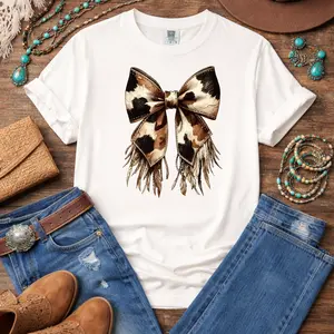 DTG Print Bow T-shirt Cowhide Coquette Bow Pattern Ribbon Graphic Tee Womens Shirt Comfort Colors Fit Womenswear