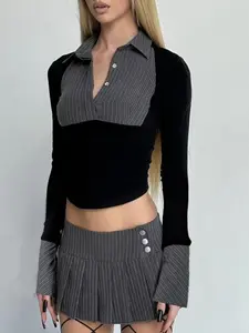 Women Pinstripe Patchwork Long Sleeve Crop Top Collared V Neck Button Shirt Slim Fit Knit Top Elegant Office Siren Style Y2K Streetwear Fashion Casual Button Front Sexy Business Casual Top for Fall Outfits