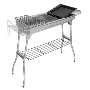 Portable Stainless Steel Charcoal Grill, Folding BBQ Grill Kit with Multiple Grates & Baking Tray for Outdoor Camping, Beach, Picnic, Tailgating, Silver