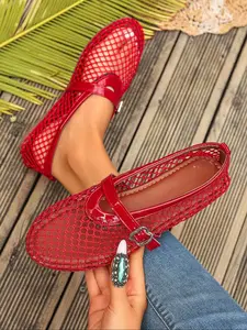 Women's Mesh Ballet Flats, Round Toe Breathable Shoes, Mary Jane Style, Comfortable Casual Office Wear, Spring Dance Shoes, Cute Design, Daily Wear Shoes