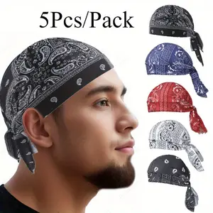 5Pcs/Pack Bohemian Ethnic Style Men's Pirate Cashew Print Strap Headband Cap, Sports Cycling Casual Headscarf Set