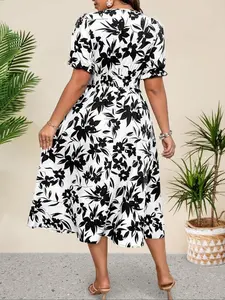 【Plus Size】Floral Print Split Hem Beach Dress, Plus Casual Short Sleeve V Neck Long Dress for Summer, Boho Women's Plus Clothes for Beach Holiday Vacation,   Shortsleeve, easter prom dress Womenswear Bohemian