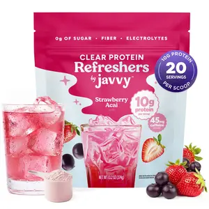 Javvy Strawberry Acai Refresher – Premium Clear Whey Protein with Electrolytes & Fiber – 100% Natural Flavors – Zero Artificial Colors & Sweeteners – 45mg of Caffeine, 0g of Sugar, 20 Servings