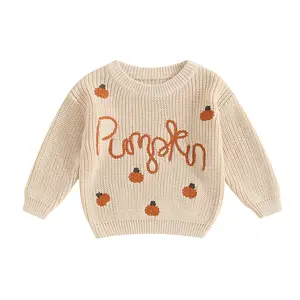 Kupretty Kids Baby Boy Girl Halloween Sweater Pumpkin Ghost Embroidery Cable Knit Sweater Infant Toddler Halloween Clothes Sweater Jumper