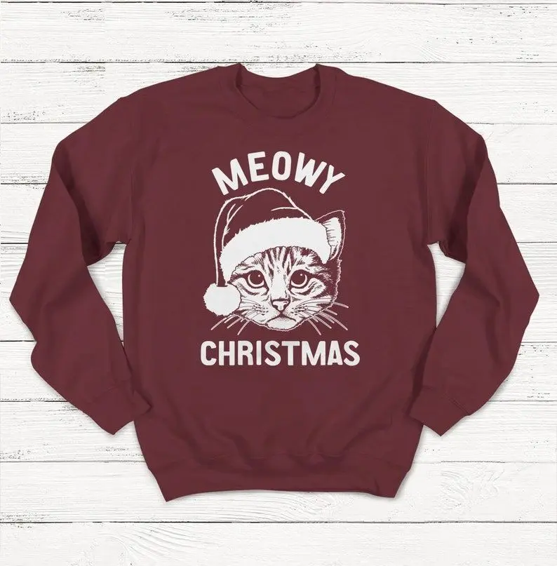 [Sale off up to 50%] Meowy Christmas Sweatshirt, Christmas Sweater, Funny Christmas Sweater, Cats, Pets, Santa, Women's Christmas Sweater, Ugly Christmas Sweater