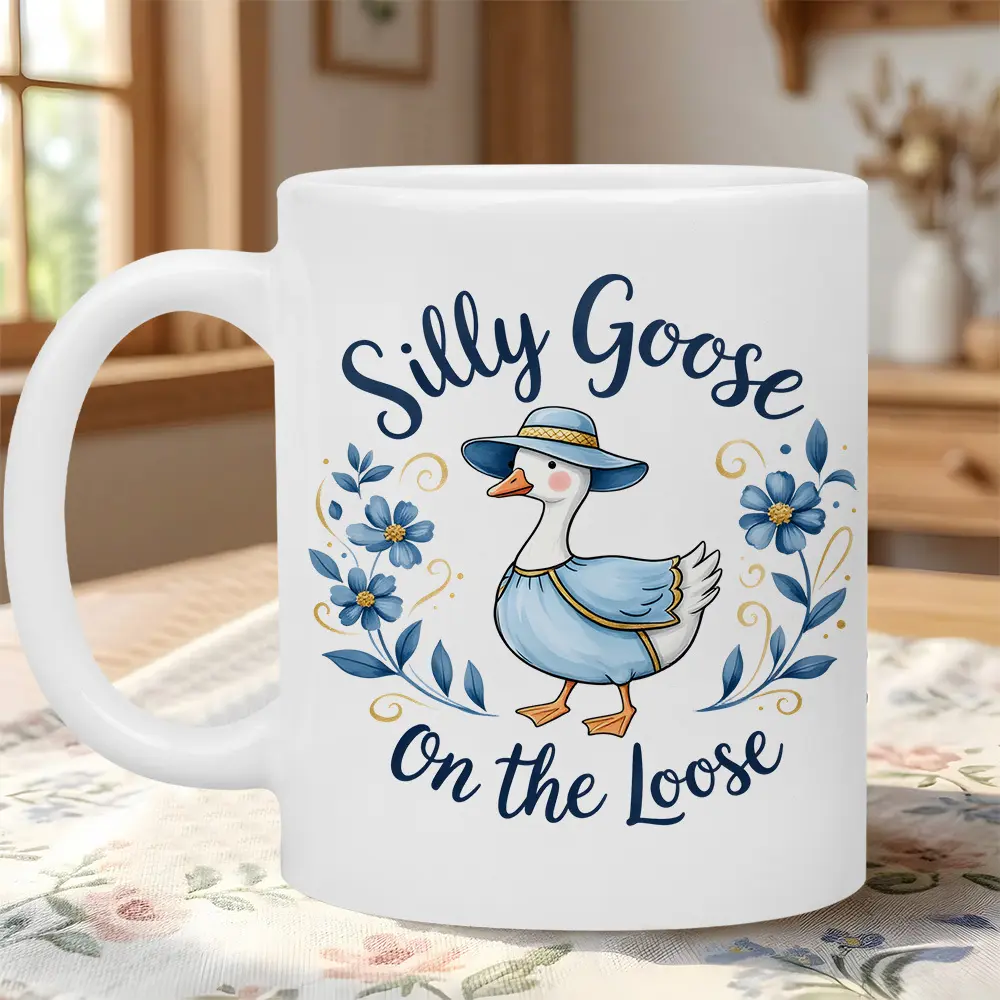 Sturdy Lightweight Printed Ceramic Drink Mug, Cute Silly Goose Cottagecore Blue Floral Coffee Cup, Gift For Her, Reusable