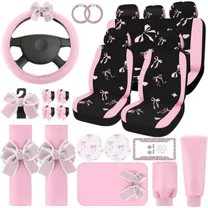 Hahafelt 24 Pcs Pink Bow Car Seat Cover Full Set for Front Rear Seat Pink Leather Steering Wheel Cover Safe Belt Decor Car Coaster Bow Hook Air Vent Clip Automotive Air Conditioner Decoration Strip