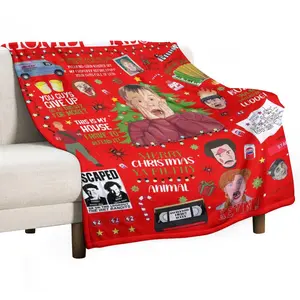 Home Alone Themed Christmas Blanket Featuring Kevin, Wet Bandits, Fuller Harry Lyme Marv Murchins pizza battle plan and iconic quotes. Cozy Soft Festive Perfect For Holiday DéCor, Movie Nights As A Fun Christmas Gift For Family Fans Of The Classic Film