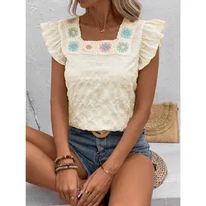 Breezaya Ladies Square Neckline Crocheted Lace Patchwork Short Puff Sleeve Textured Shirt,Short Sleeve Tops