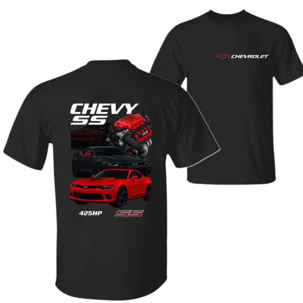 Chevy SS Camaro 425HP T-Shirt – Red & Black Camaro SS with LS Engine Graphic Tee, Perfect for Chevrolet Muscle Car & SS Enthusiasts.