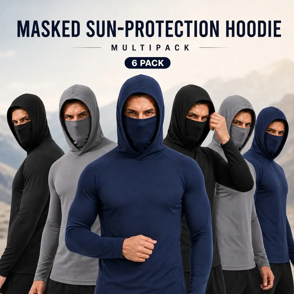 Men's 6-Pack Quick Dry Long Sleeve Compression Shirts with Integrated Face Cover, Breathable Activewear Workout Tops for Running & Gym Performance, Athletic Spring & Autumn Outdoor Sportswear Gift Set
